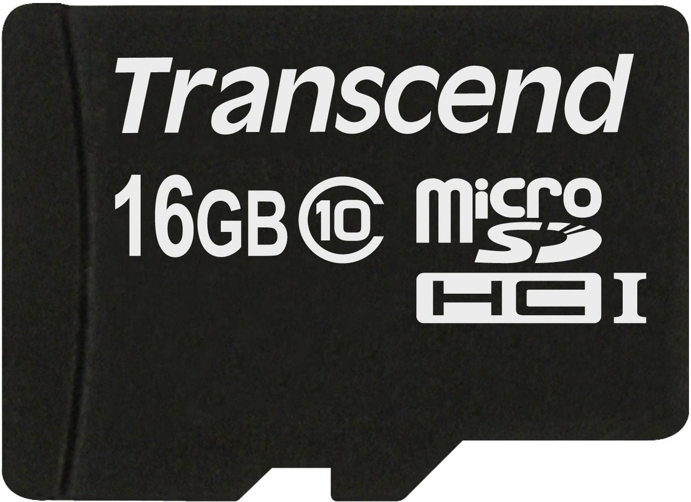Eine schwarze microSD-Karte von Transcend mit 16 GB Speicher und Class 10 Geschwindigkeitsklasse.