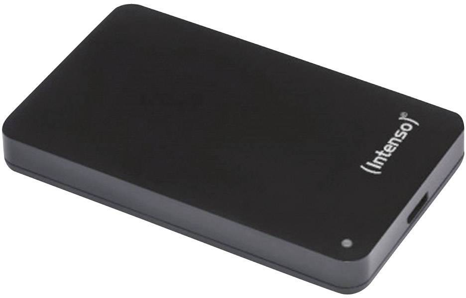 Externe Festplatte von Intenso, schwarz, kompakt, rechteckig, mit kleiner LED-Anzeige und USB-Anschluss auf einer Seite.