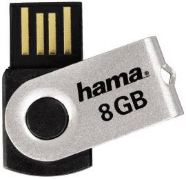 USB-Stick von Hama mit 8 GB Speicherplatz, silbernes Design mit schwarzem USB-Anschluss, rotierbare Abdeckung mit Hama-Logo.