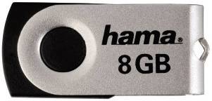 USB-Stick von Hama mit 8 GB Speicherkapazität, silbernes Gehäuse, schwarzer Drehverschluss.