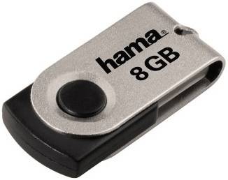 Silberner USB-Stick mit schwarzem Knopf, Kapazität von 8 GB, Markenname 'hama' aufgedruckt. USB-Anschluss an der Seite sichtbar.