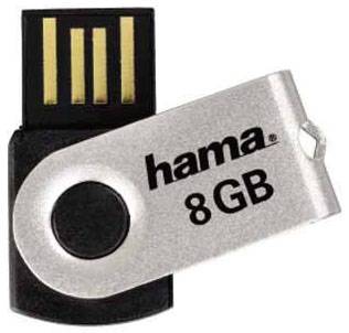 USB-Stick mit silbernem Drehverschluss, gekennzeichnet mit 'hama 8 GB', geeignet zur Datenspeicherung.
