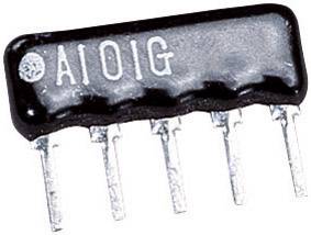 Ein schwarzer elektronischer Widerstandsarray mit sechs metallischen Anschlussbeinen und der Aufschrift 'A101G' auf der Oberseite.