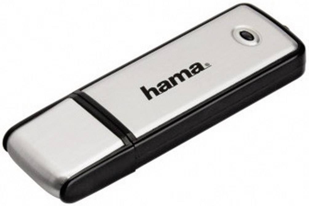 Ein USB-Stick mit schwarzem und silbernem Gehäuse, auf dem 'hama' steht.