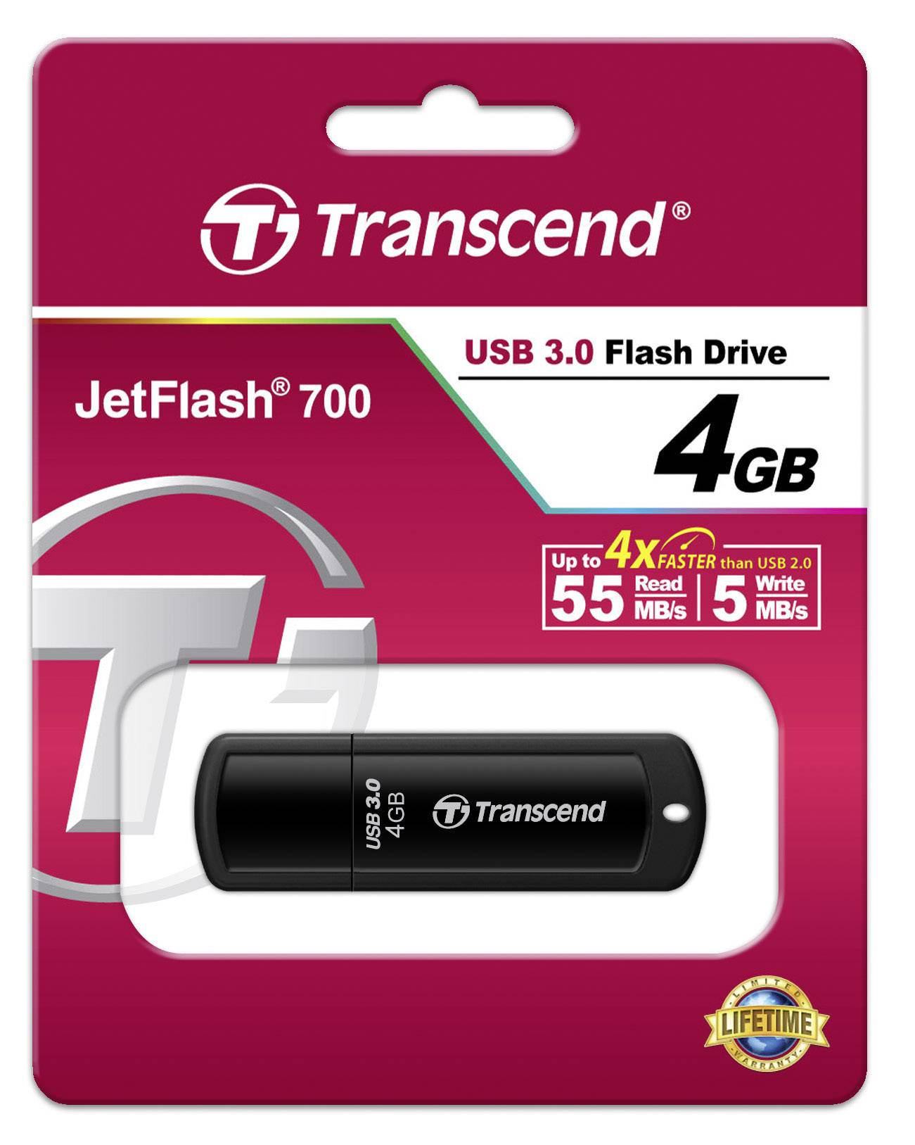 Transcend JetFlash® 700 USB-Stick 4 GB Schwarz TS4GJF700 USB 3.2 Gen 1 (USB 3.0)