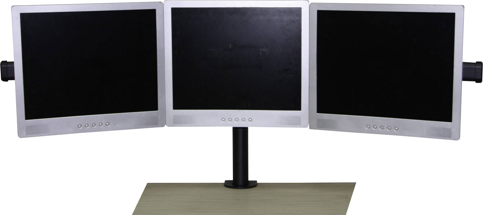 Drei nebeneinander angeordnete Computerbildschirme auf einem Monitorständer, alle Bildschirme sind ausgeschaltet.