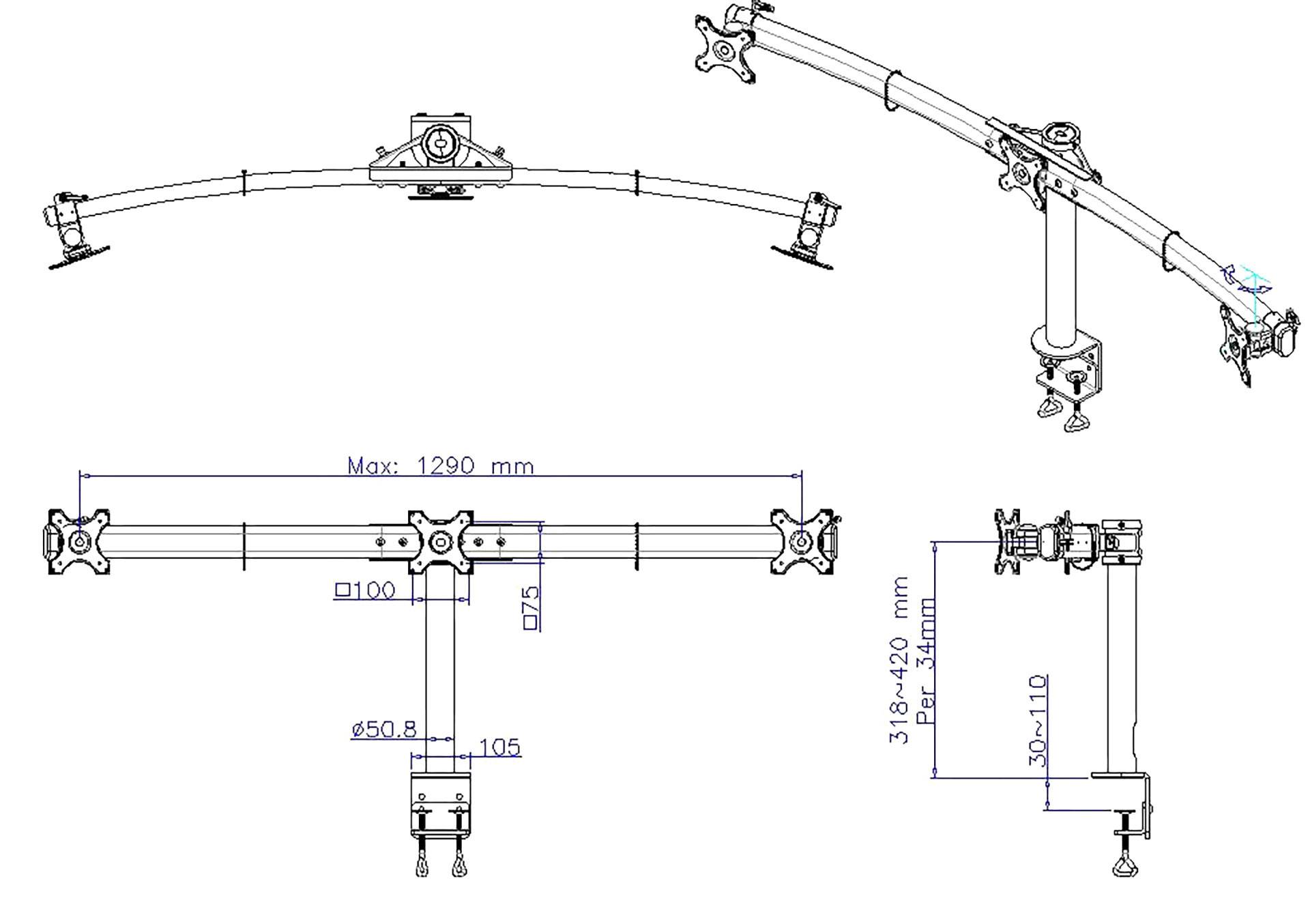 Ein technisches Diagramm eines Monitorarms zeigt mehrere Ansichten mit verschiedenen Maßen: maximale Breite 1290 mm, Höhe 318-420 mm.