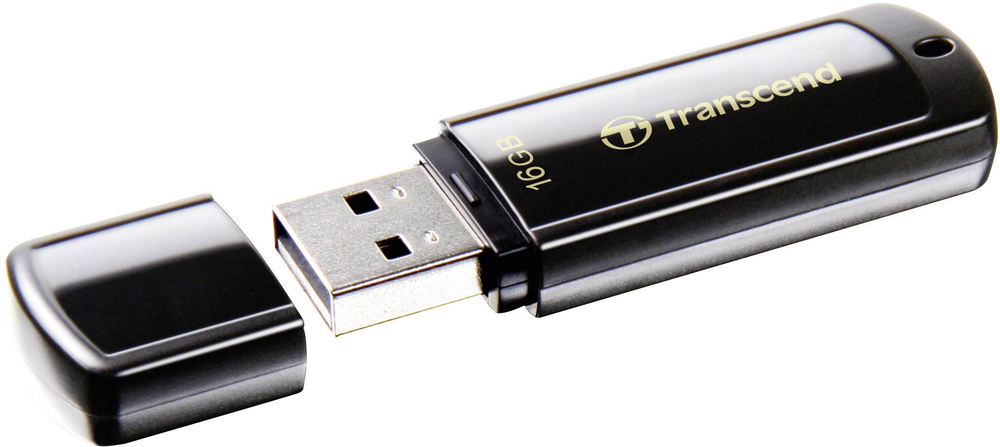 Ein schwarzer USB-Stick mit abgenommenem Schutzkappe, Marke 'Transcend', Kapazität 16 GB.