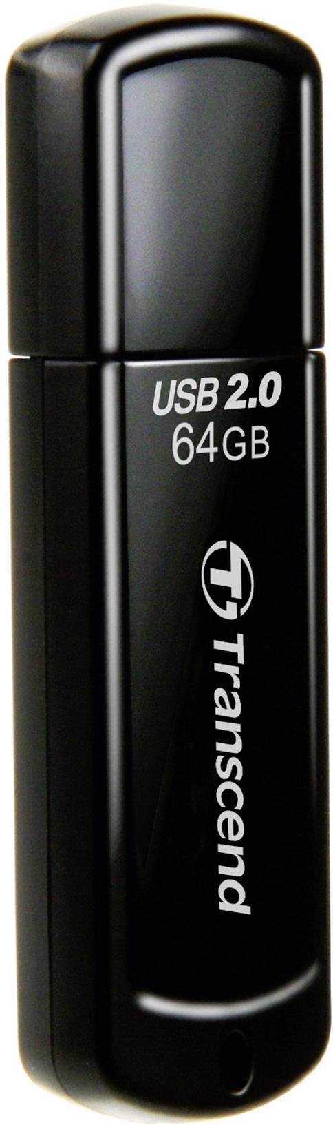 Schwarzer USB-Stick von Transcend mit 64GB Speicherkapazität, Aufschrift 'USB 2.0'.