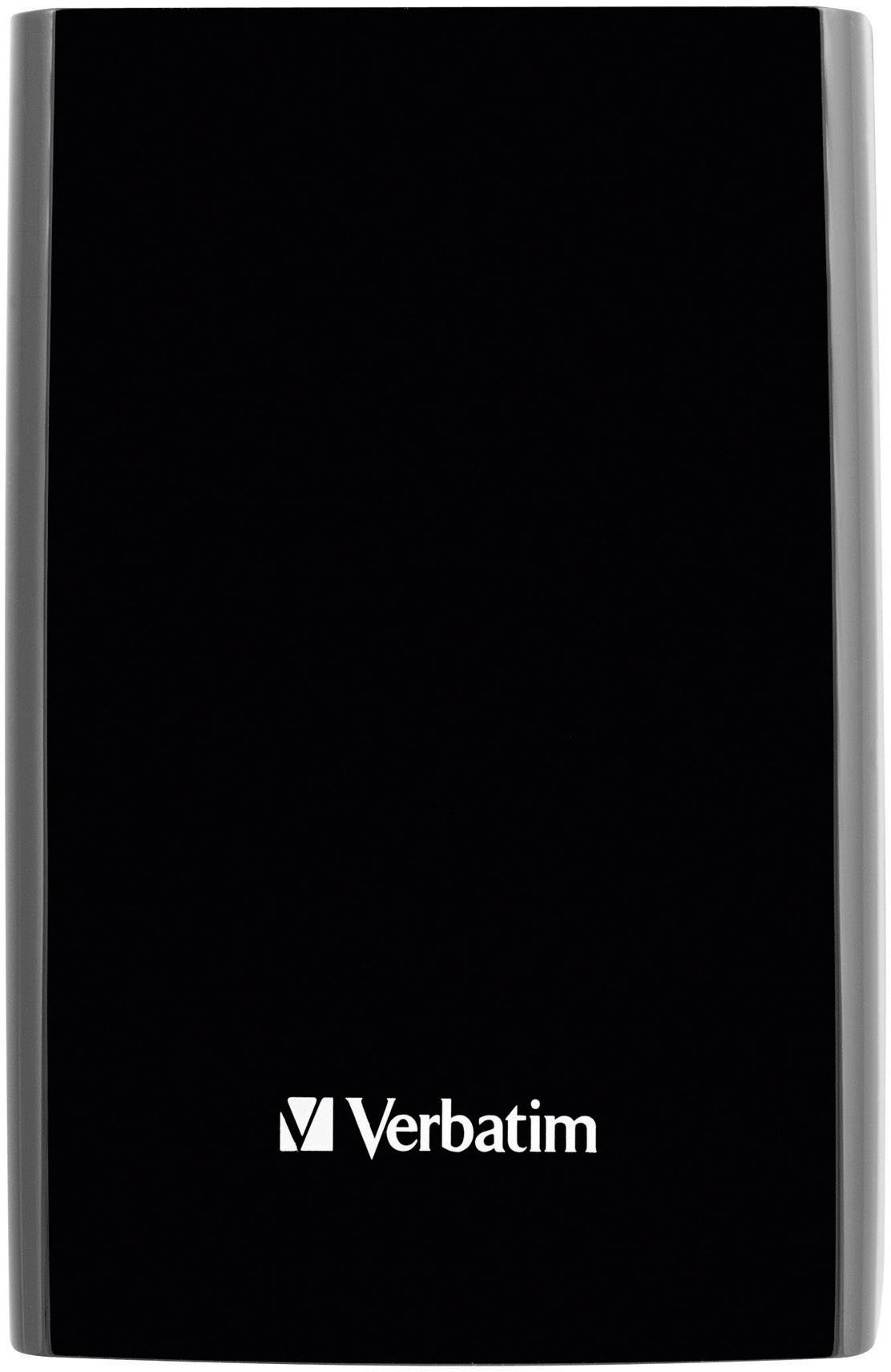 Externe Festplatte von Verbatim, schwarz mit glänzender Oberfläche, Markenlogo in Weiß unten.