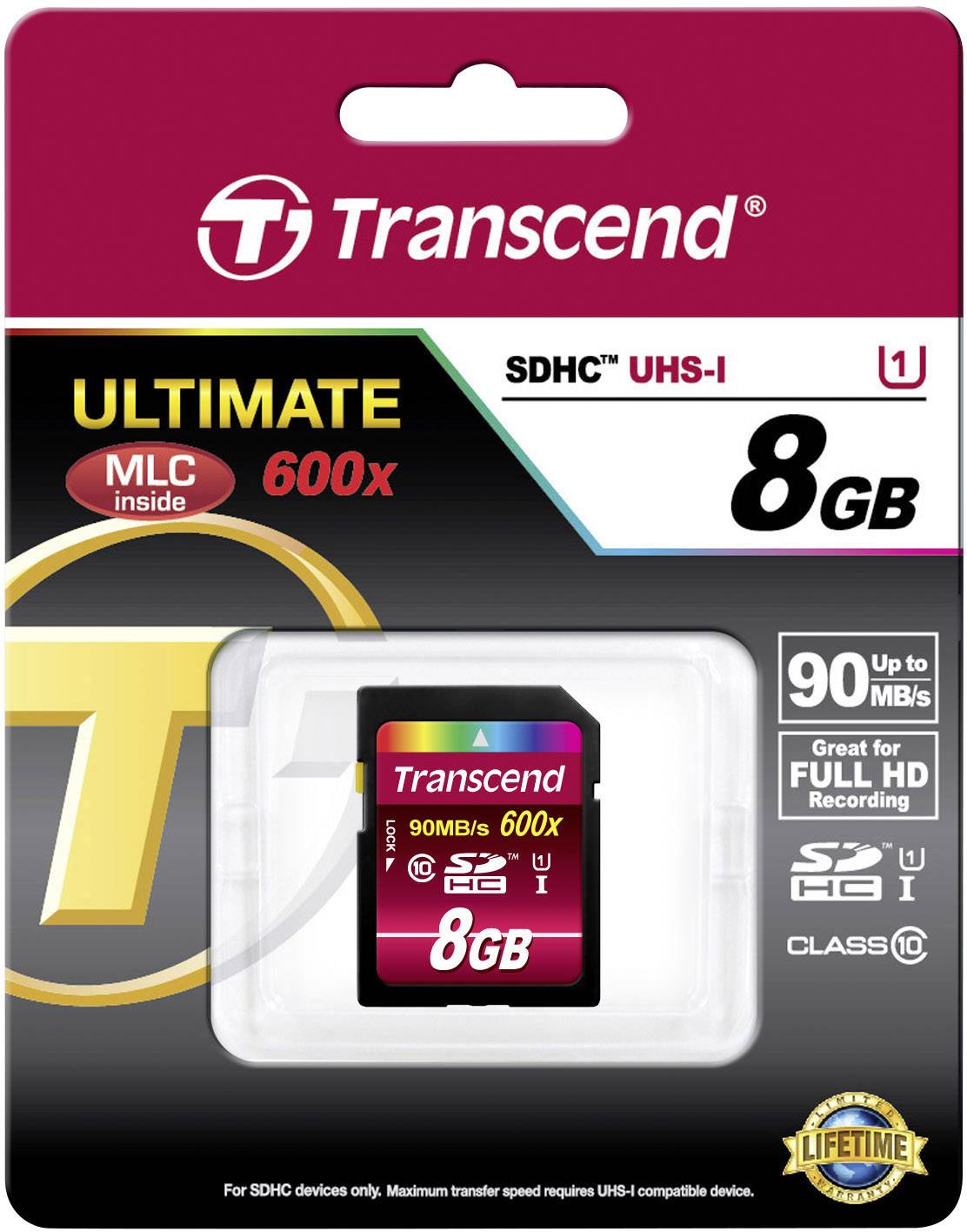 Verpackung einer Transcend SDHC Speicherkarte mit 8 GB Kapazität, UHS-I und Class-10, geeignet für Full-HD-Aufnahmen.
