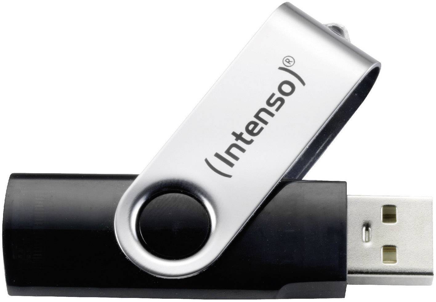 Ein schwarzer USB-Stick mit silberner Drehkappe, auf der der Markenname 'Intenso' steht.