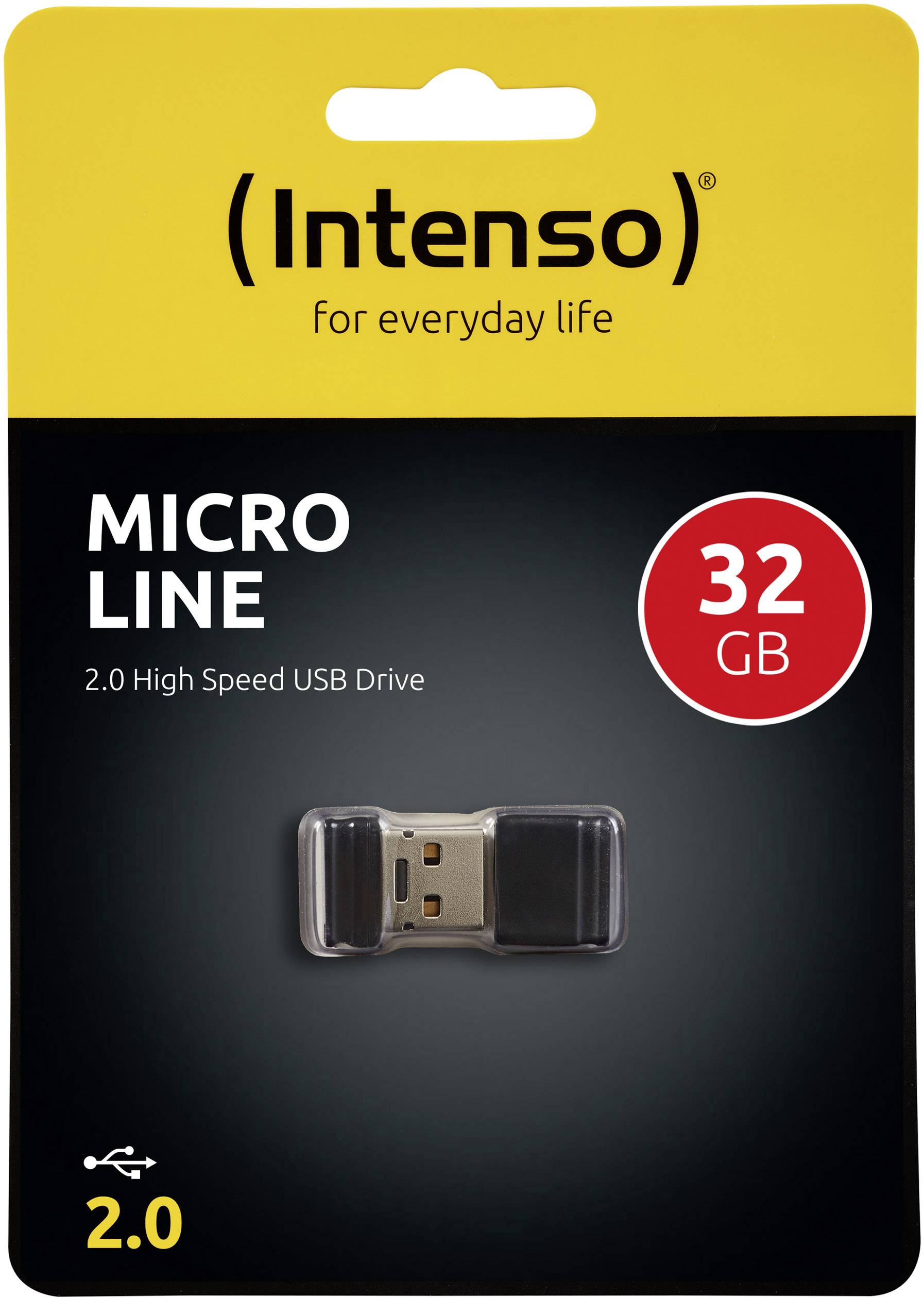 Intenso Micro Line USB-Stick mit 32 GB. Verpackung zeigt USB-Stick mit schwarzem Gehäuse. Geeignet für den täglichen Gebrauch.
