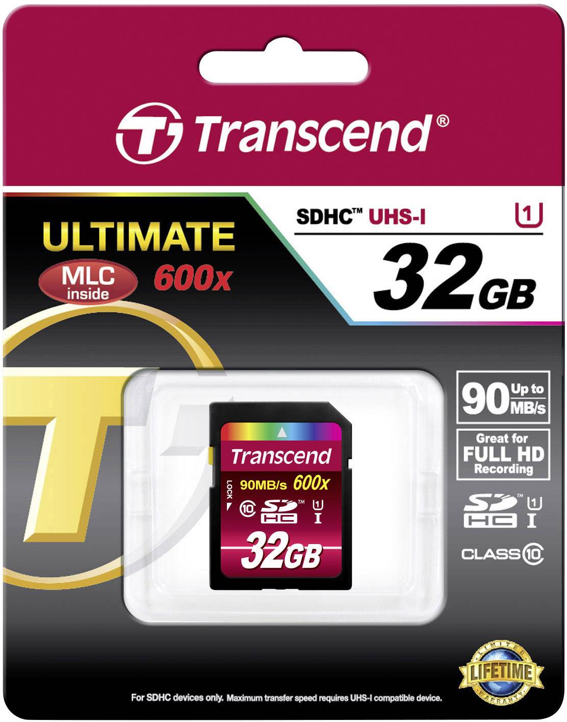 Packung einer Transcend SDHC UHS-I Speicherkarte mit 32 GB. Geschwindigkeit bis zu 90 MB/s, geeignet für Full HD Video.