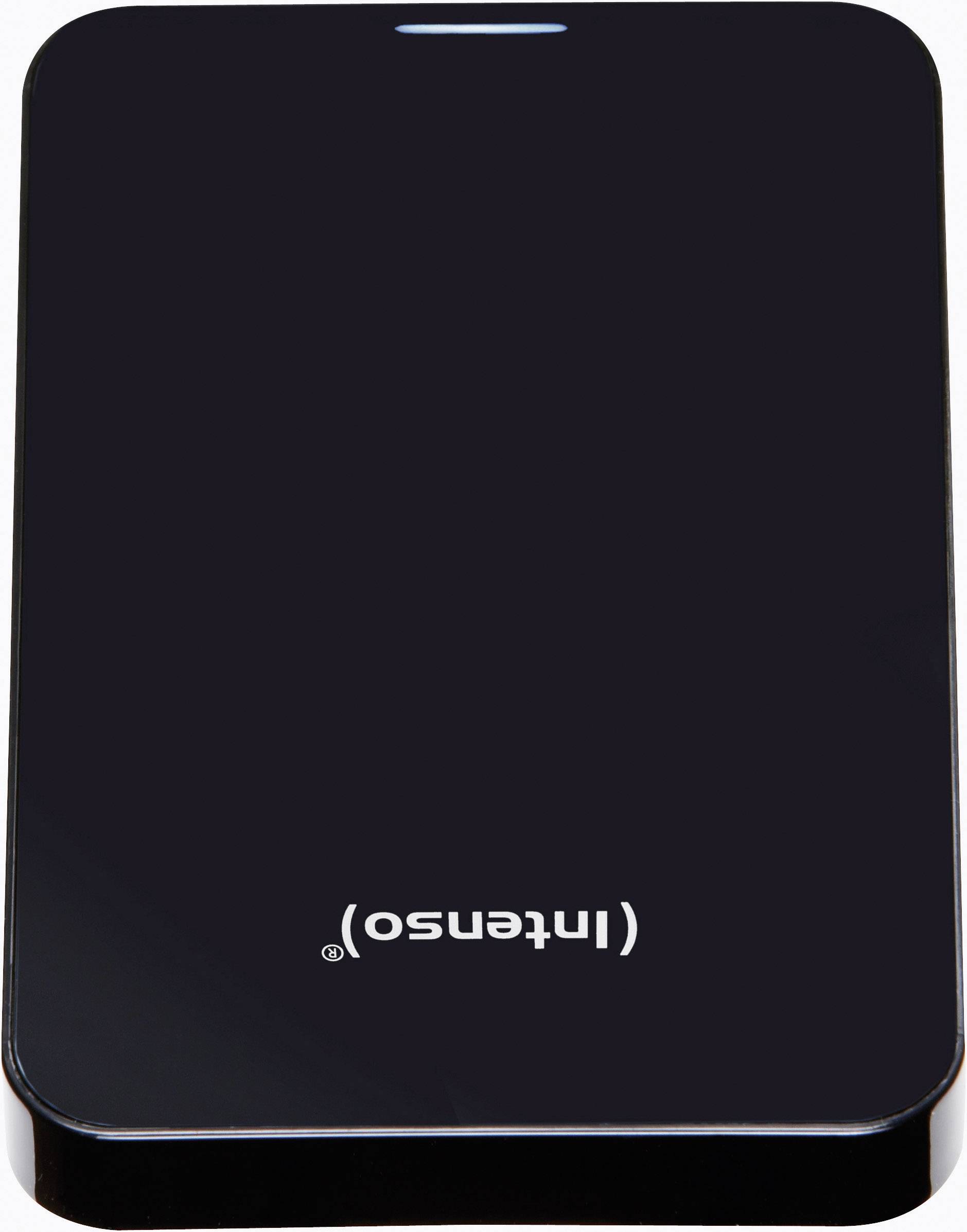 Ein schwarzes tragbares Festplattengehäuse mit dem aufgedruckten Markenlogo.