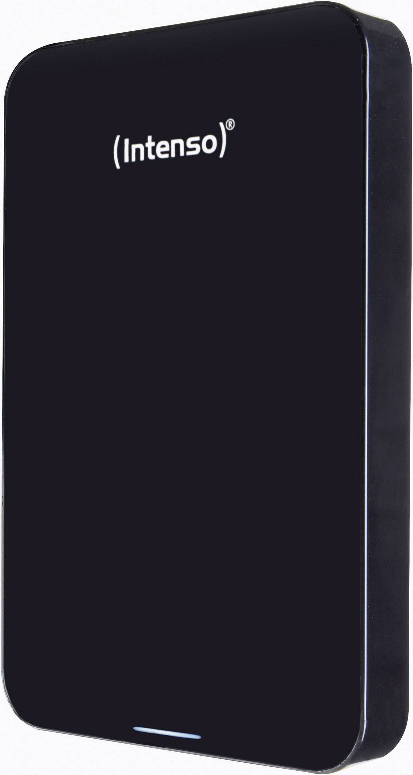 Externe schwarze Festplatte von Intenso mit schlankem Design.