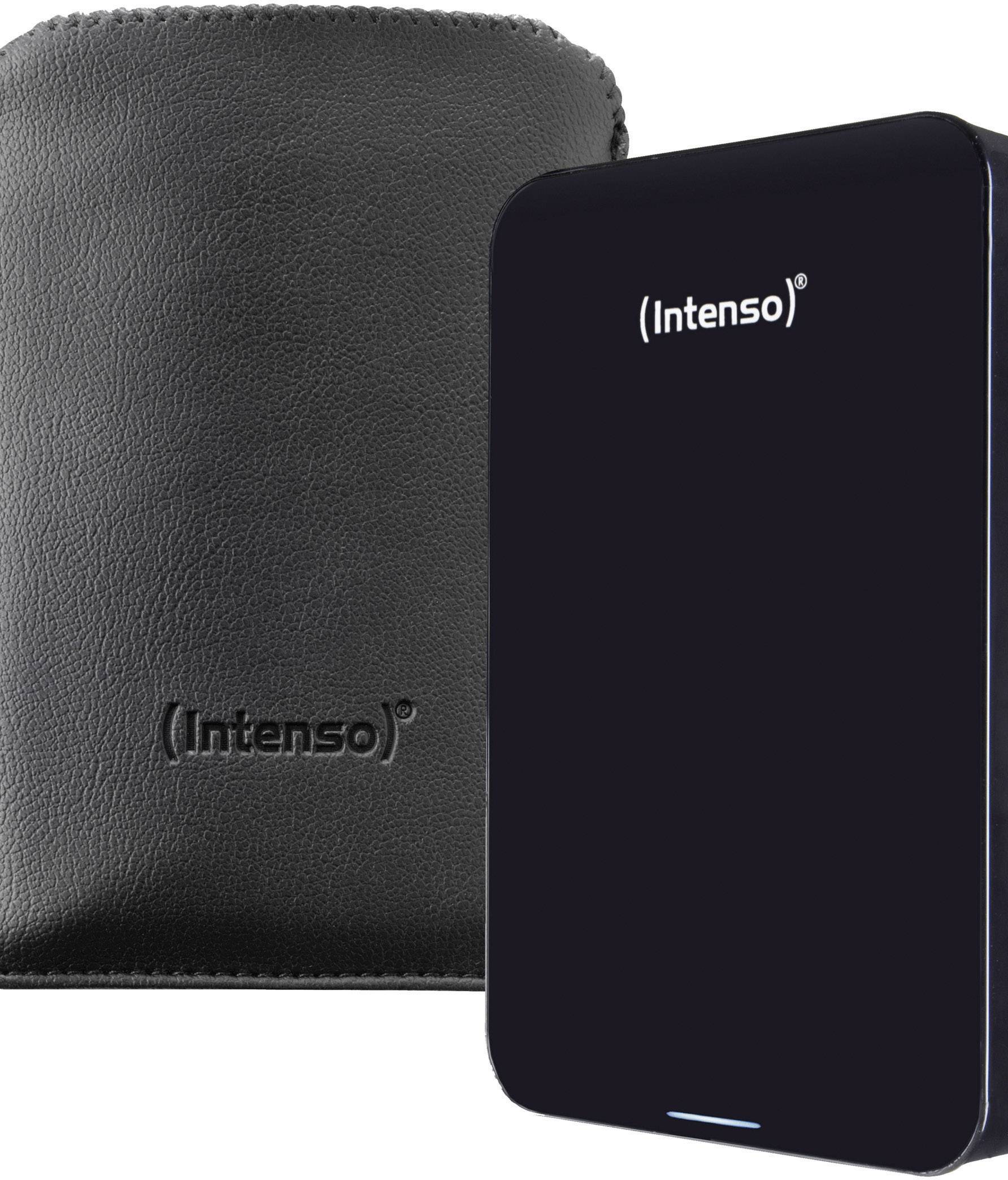 Externe Festplatte 'Intenso' mit schwarzem Etui, schlankes Design. Geeignet zur Datenaufbewahrung und -sicherung.