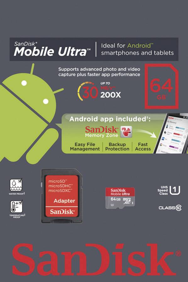 SanDisk Ultra mit Sandisk Memory Zone Android App microSDXC-Karte 64 GB Class 10, UHS-I inkl. SD-Adapter, inkl. Android-Software