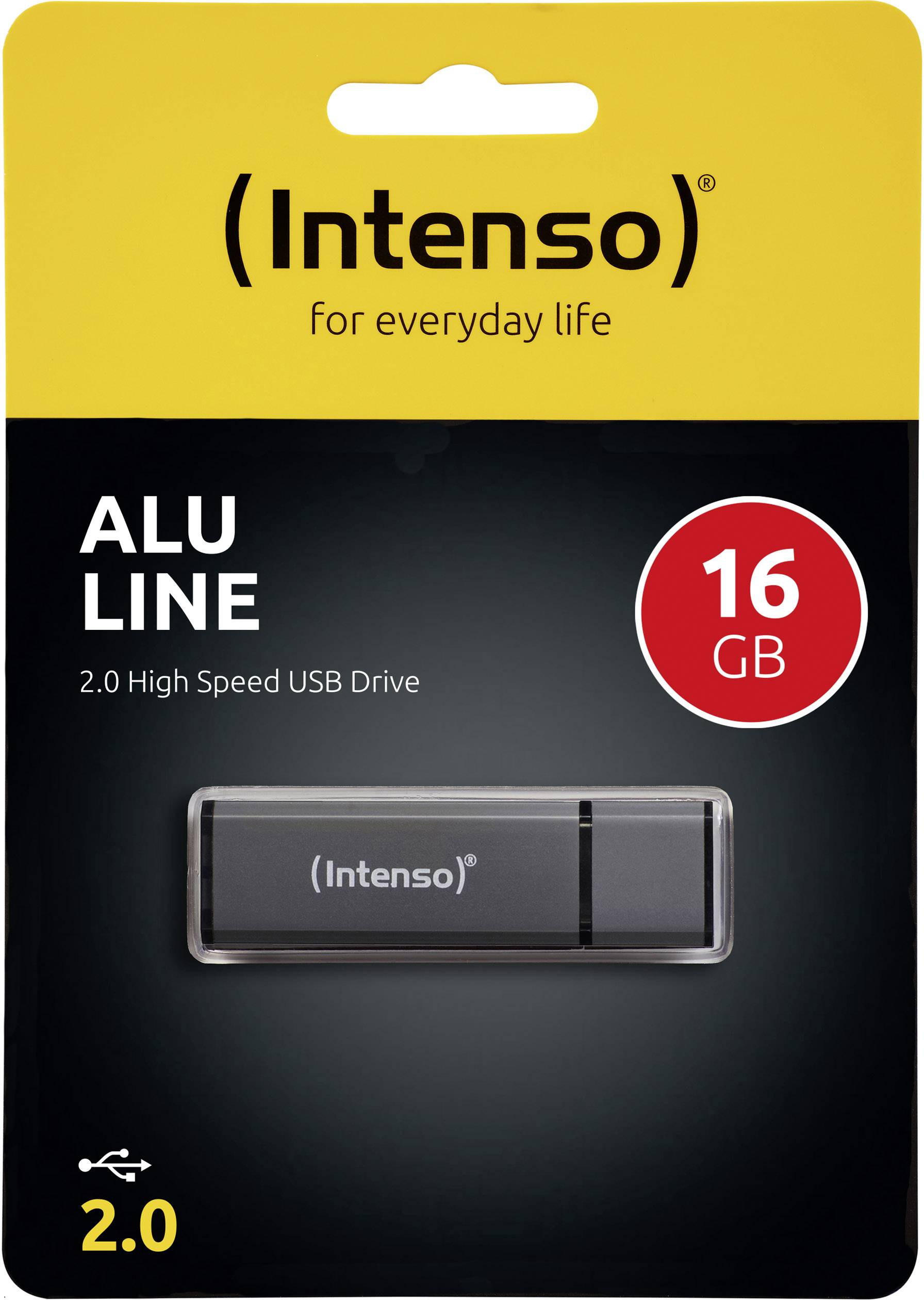 USB-Stick 'Intenso ALU LINE' mit 16 GB Speicherkapazität, beworben als 2.0 High Speed USB Drive, auf schwarzem Hintergrund.