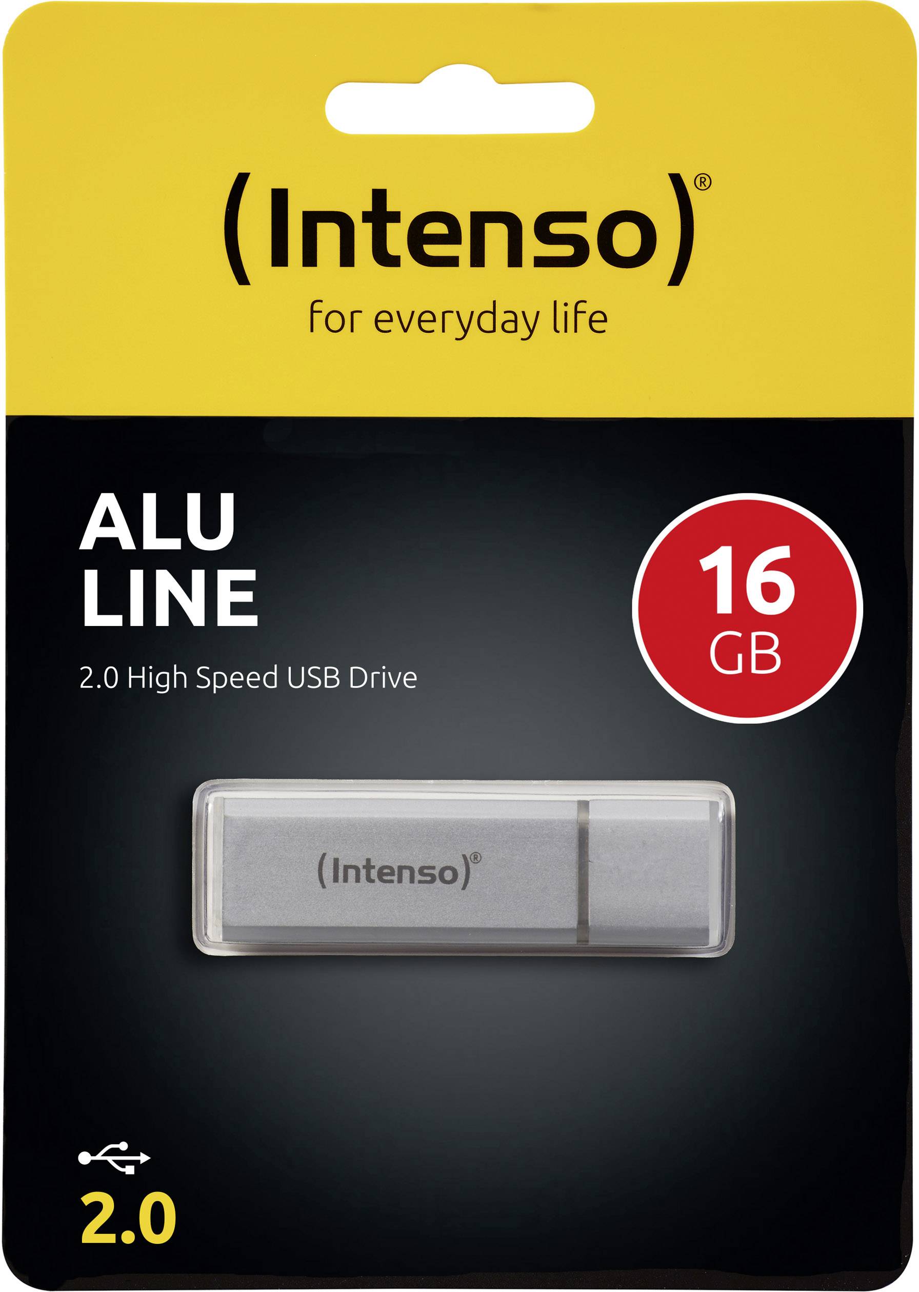 USB-Stick-Verpackung von Intenso, Modell ALU LINE, 16 GB Kapazität, USB 2.0 High Speed, silberne Farbe.