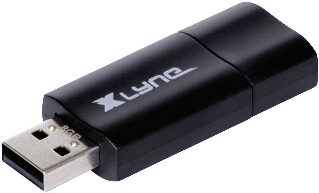 Ein schwarzer USB-Stick mit der Aufschrift 'XLYNE' und einer Speicherkapazität von 8GB.