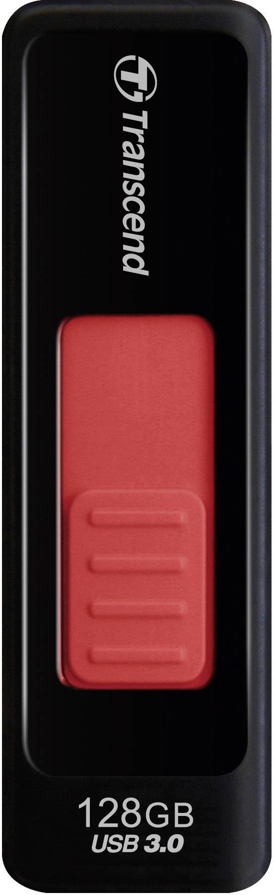 Ein USB-3.0-Stick von Transcend mit 128 GB Speicher in schwarz und rot.