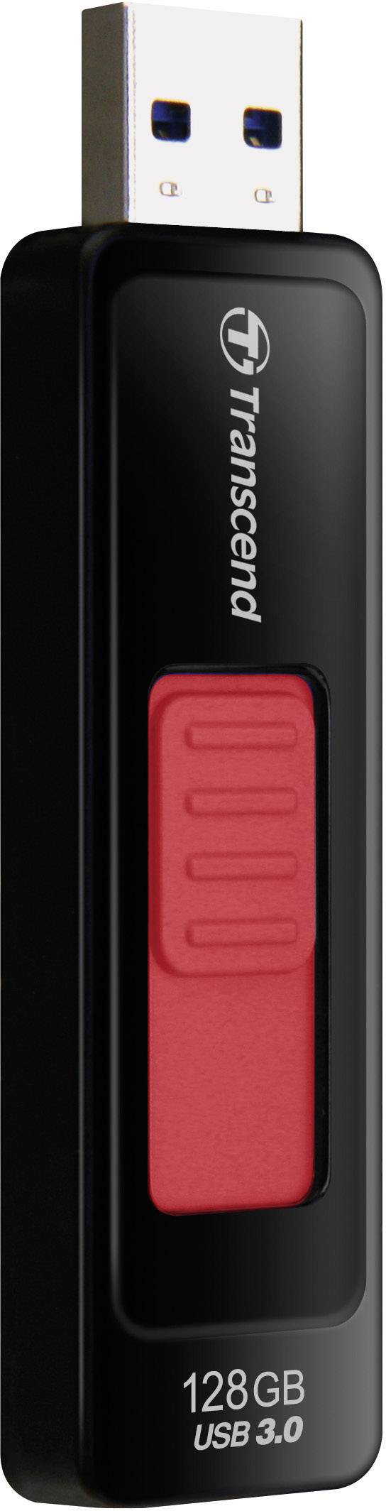 Ein schwarzer USB-Stick mit rotem Schieberegler und der Aufschrift 'Transcend 128GB USB 3.0', geeignet für schnellen Datentransfer.