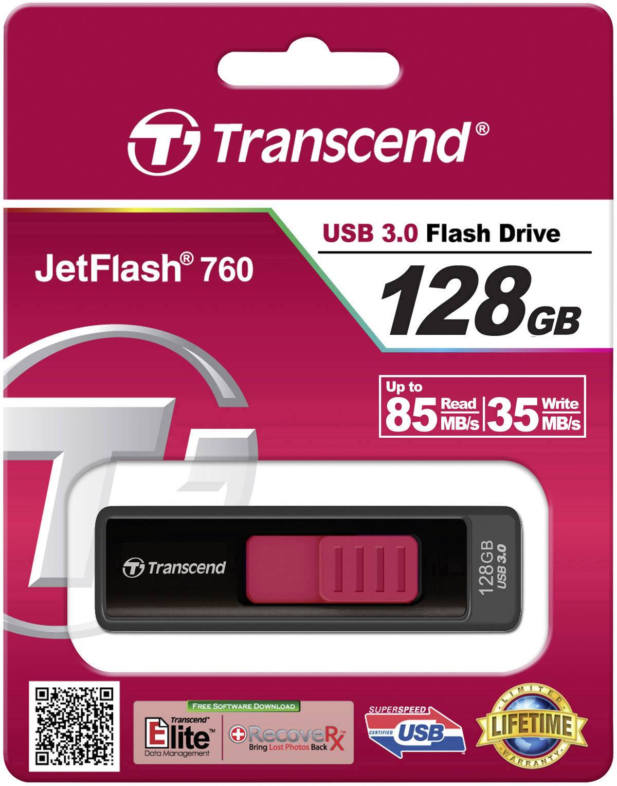 'Transcend JetFlash 760' USB 3.0 Stick, 128 GB. Lese-/Schreibgeschwindigkeit: bis zu 85/35 MB/s. Verpackung zeigt Produktbild.
