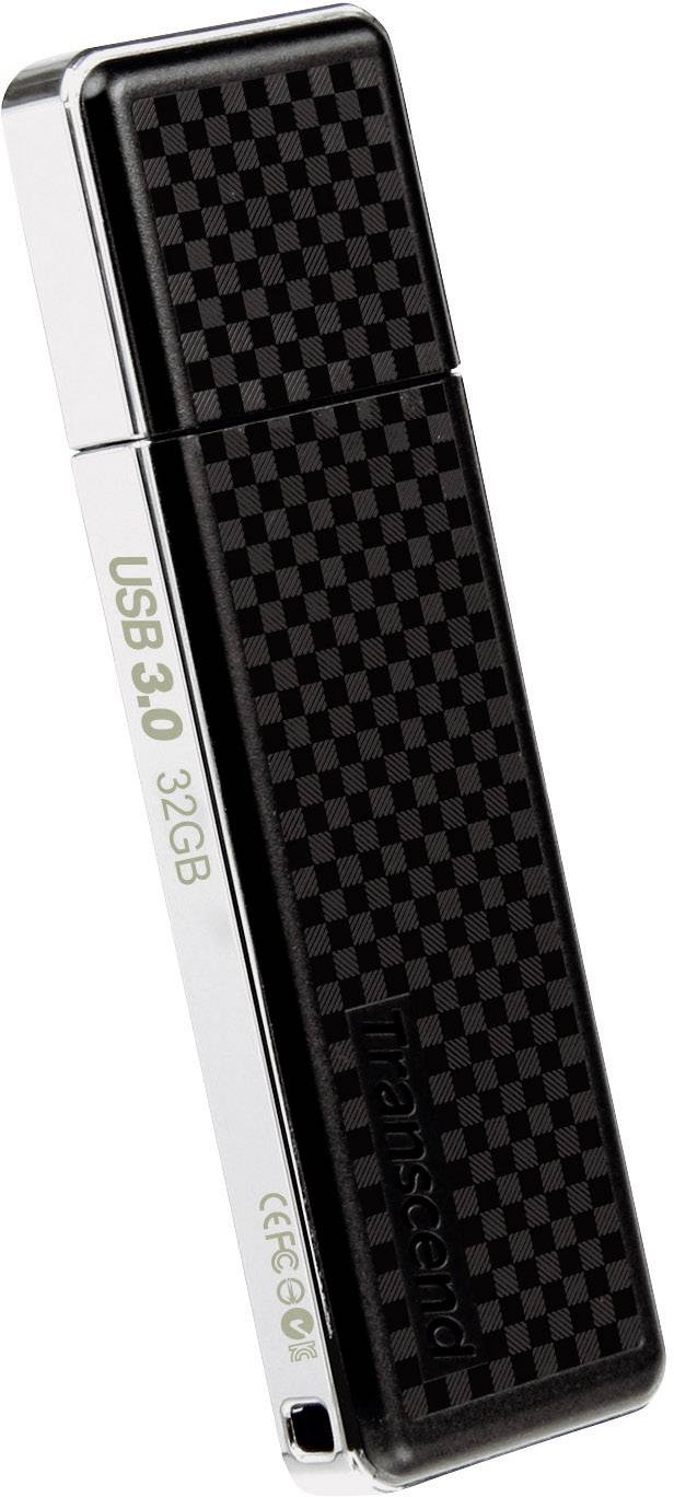 Ein schwarzer USB-Stick mit grauem Karomuster. Aufschrift: 'USB 3.0' und '32GB', Marke 'Transcend'.