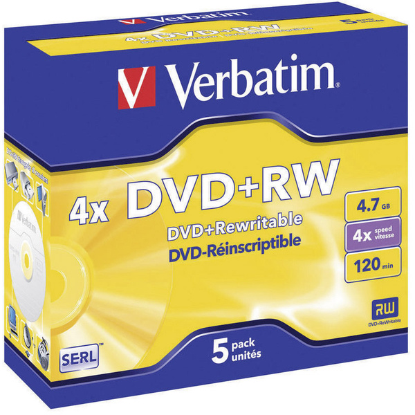 Verbatim 43229 DVD+RW Rohling 4.7GB 5 St. Jewelcase Wiederbeschreibbar, Silber Matte Oberfläche