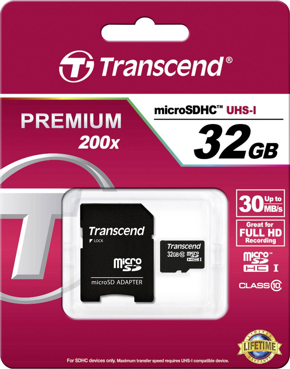 Transcend Premium microSDHC-Karte Industrial 32 GB Class 10, UHS-I inkl. SD-Adapter