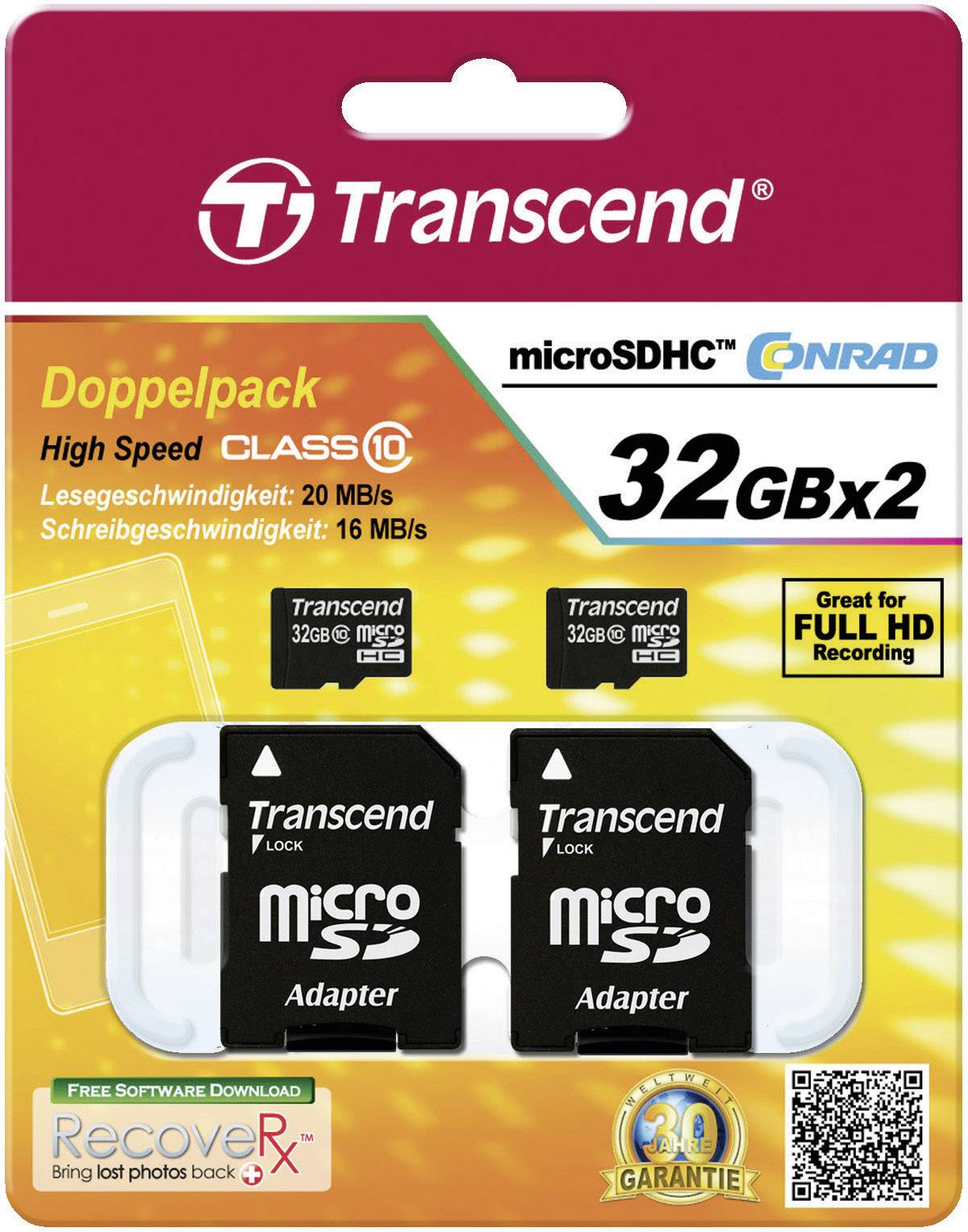 Transcend microSDHC-Karte 32 GB Class 10 inkl. SD-Adapter