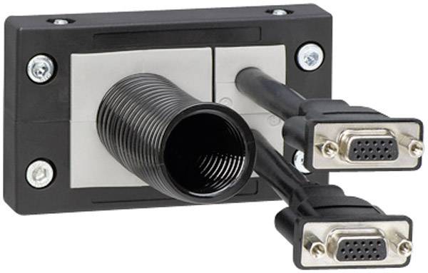 Ein schwarzes Kabelmanagementsystem mit zwei VGA-Kabeln, die durch eine rechteckige Befestigung mit Schrauben geführt werden.