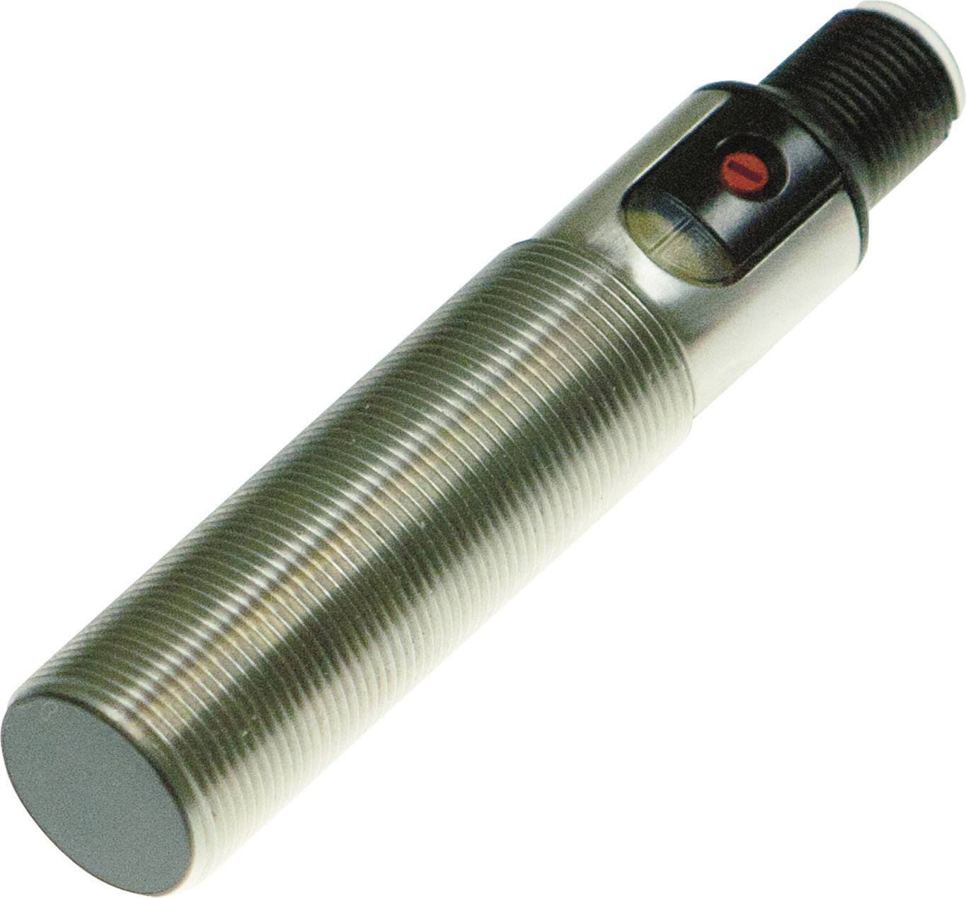 Ein zylindrischer induktiver Näherungssensor aus Metall mit Gewinde und roter LED-Anzeige auf der Seite.
