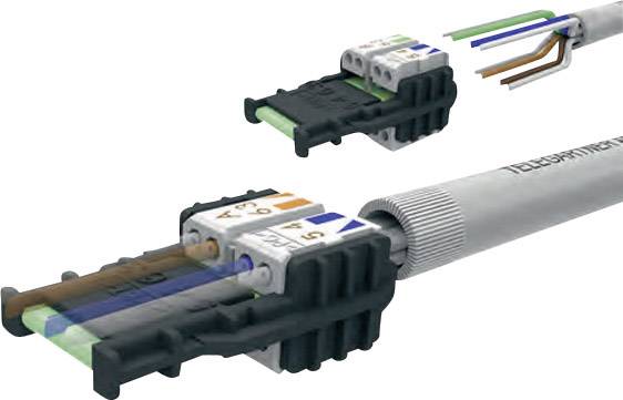 Nahaufnahme eines Ethernet-Kabels mit abisolierten Drähten, die in eine Buchse verbunden werden. Es zeigt den Anschlussprozess.