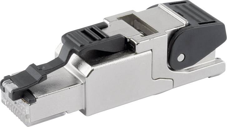 Ein silberner RJ45-Stecker mit schwarzem Clip. Der Stecker dient zur Datenübertragung und ist typisch für Netzwerkkabel.