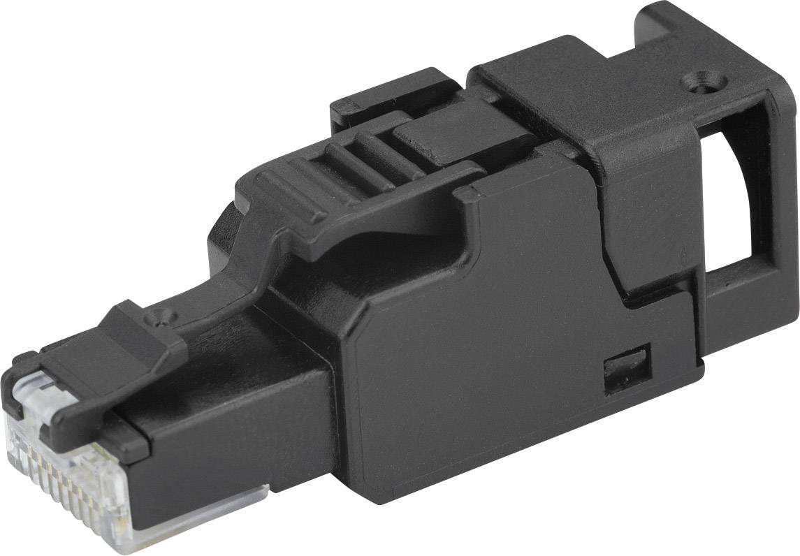 Schwarzer RJ45-Stecker, Adapter mit Verriegelungsmechanismus, zur Verbindung von Netzwerkkabeln in technischen Installationen.
