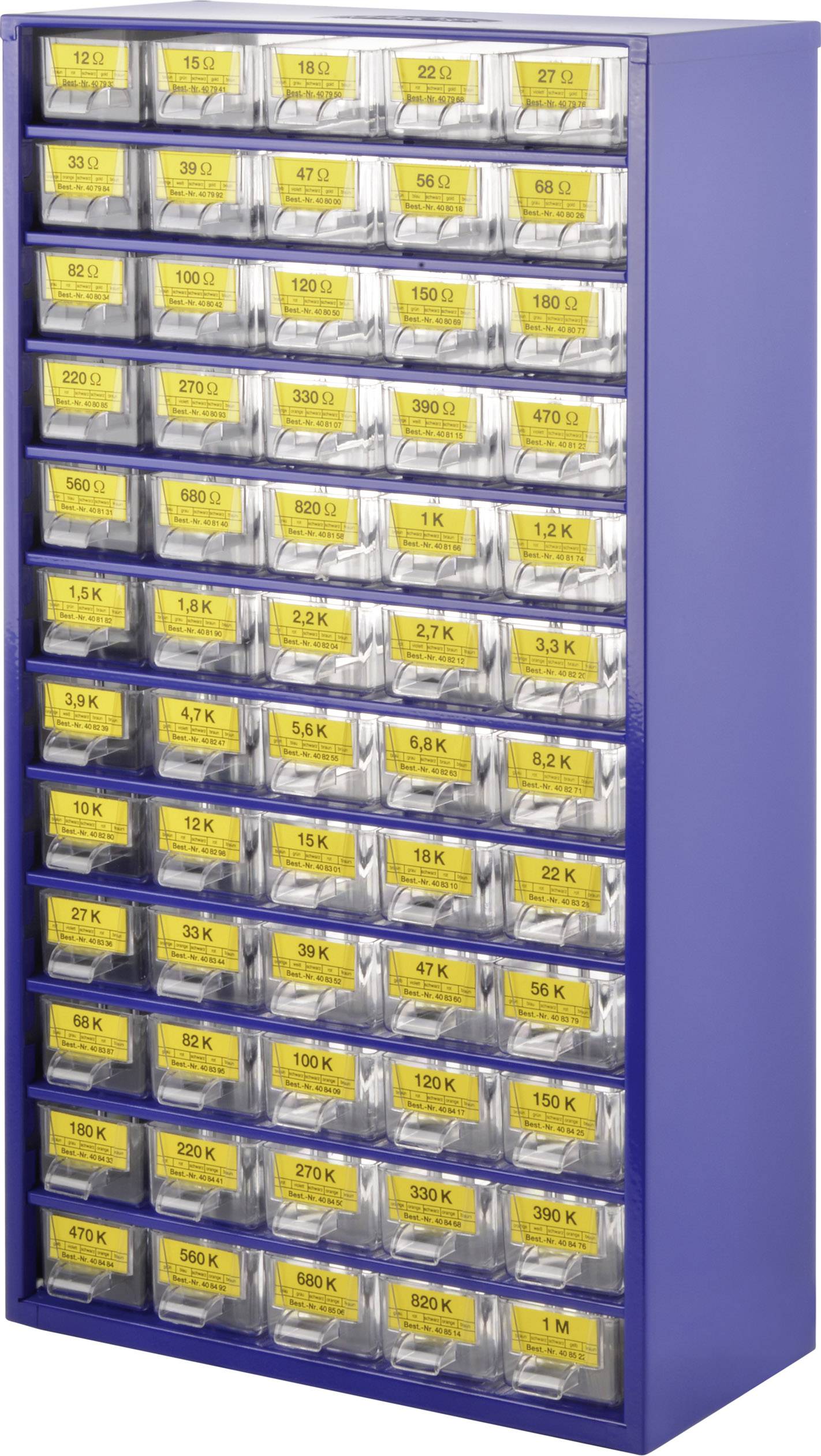 Ein blauer Schubladenschrank mit 12 Reihen und 6 Spalten kleiner, transparenter Schubladen, gefüllt mit gelb beschrifteten Bauteilen.