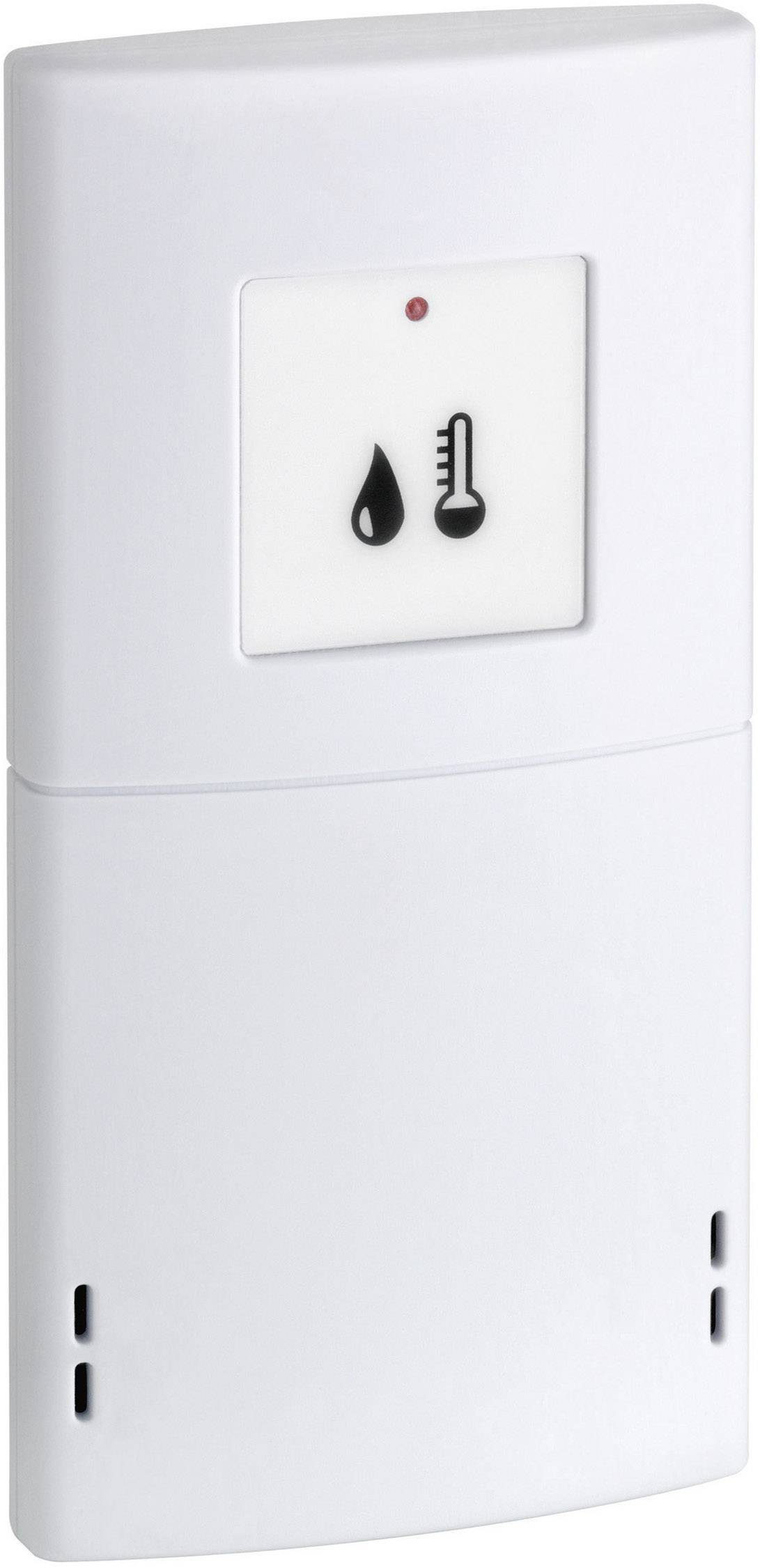 Ein weißer Sensor mit Symbolen für Luftfeuchtigkeit und Temperatur zeigt Umweltüberwachung an.