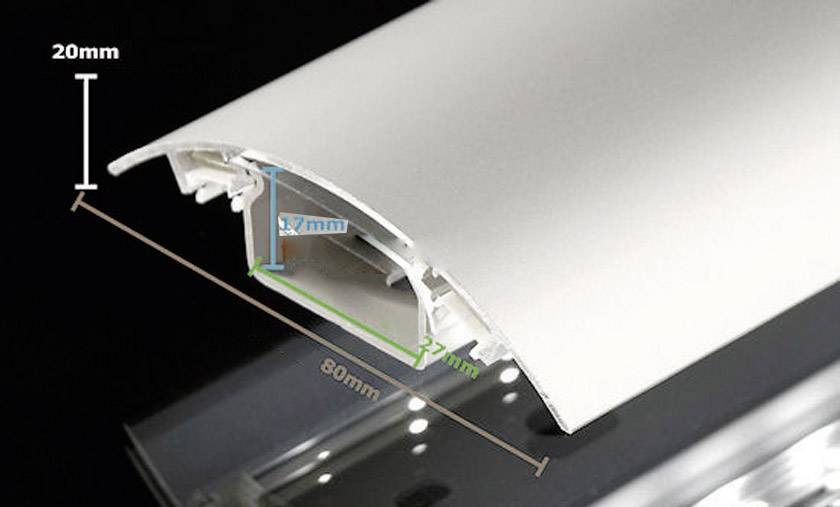 LED-Profil mit Maßen: Höhe 20 mm, Breite 80 mm. Innenmaß 17 mm und 27 mm. Zeigt Detailansicht der Struktur und Dimensionen.