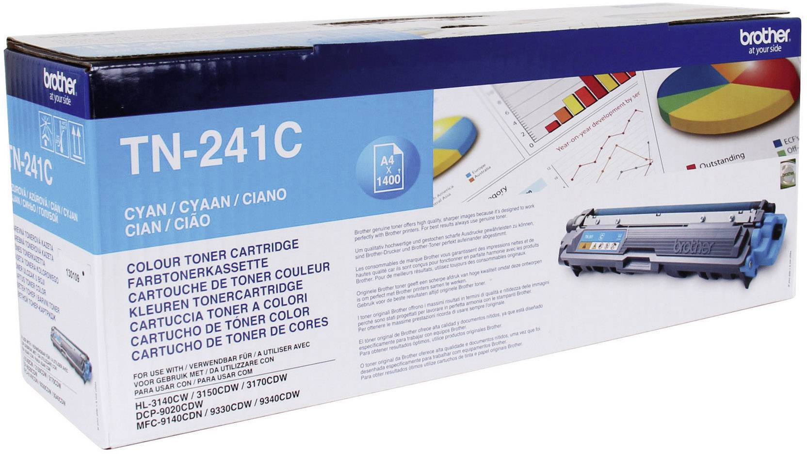 'Brother' TN-241C Tonerkartusche Verpackung in Cyan; zeigt Grafiken der Druckkapazität und Produktkompatibilität mit verschiedenen Druckern.