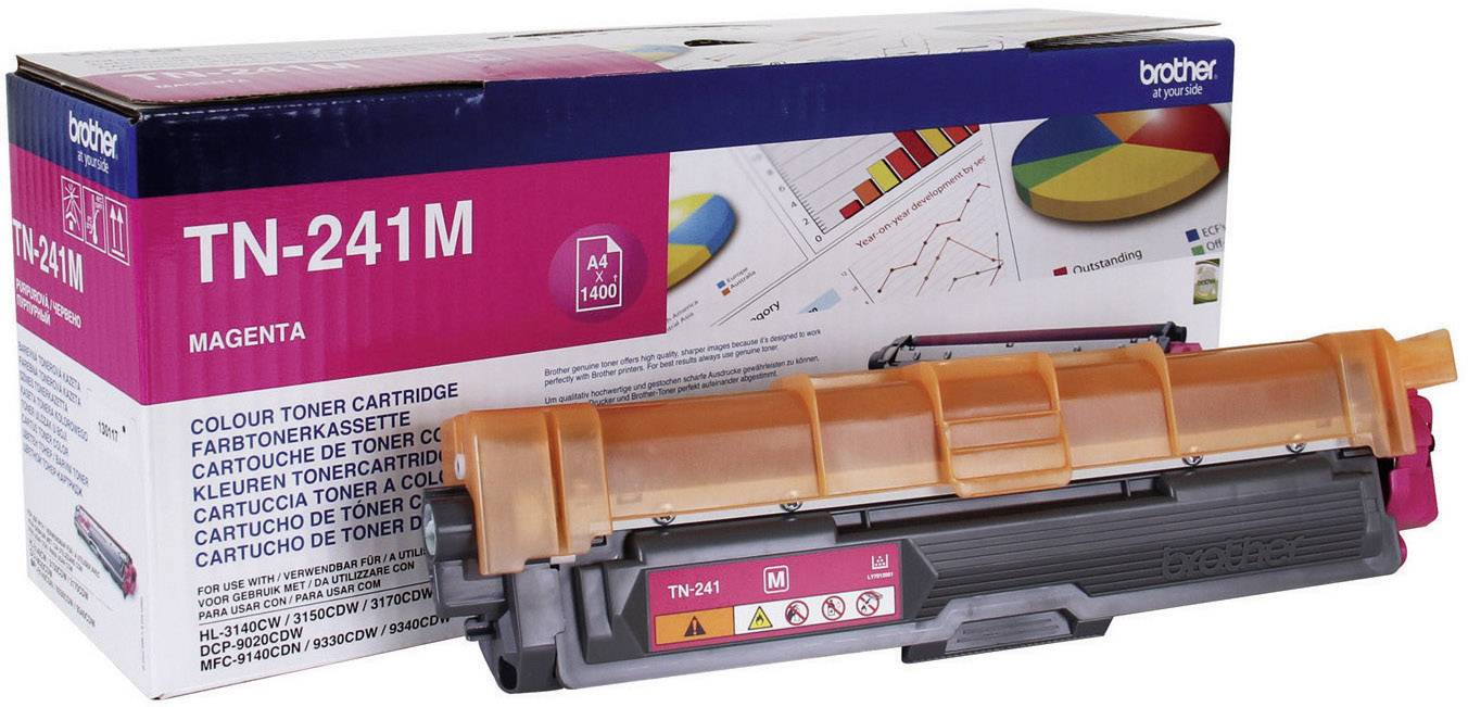 Tonerpatrone 'Brother TN-241M Magenta' vor der Verpackung, die mit Grafiken und Produktinformationen bedruckt ist.