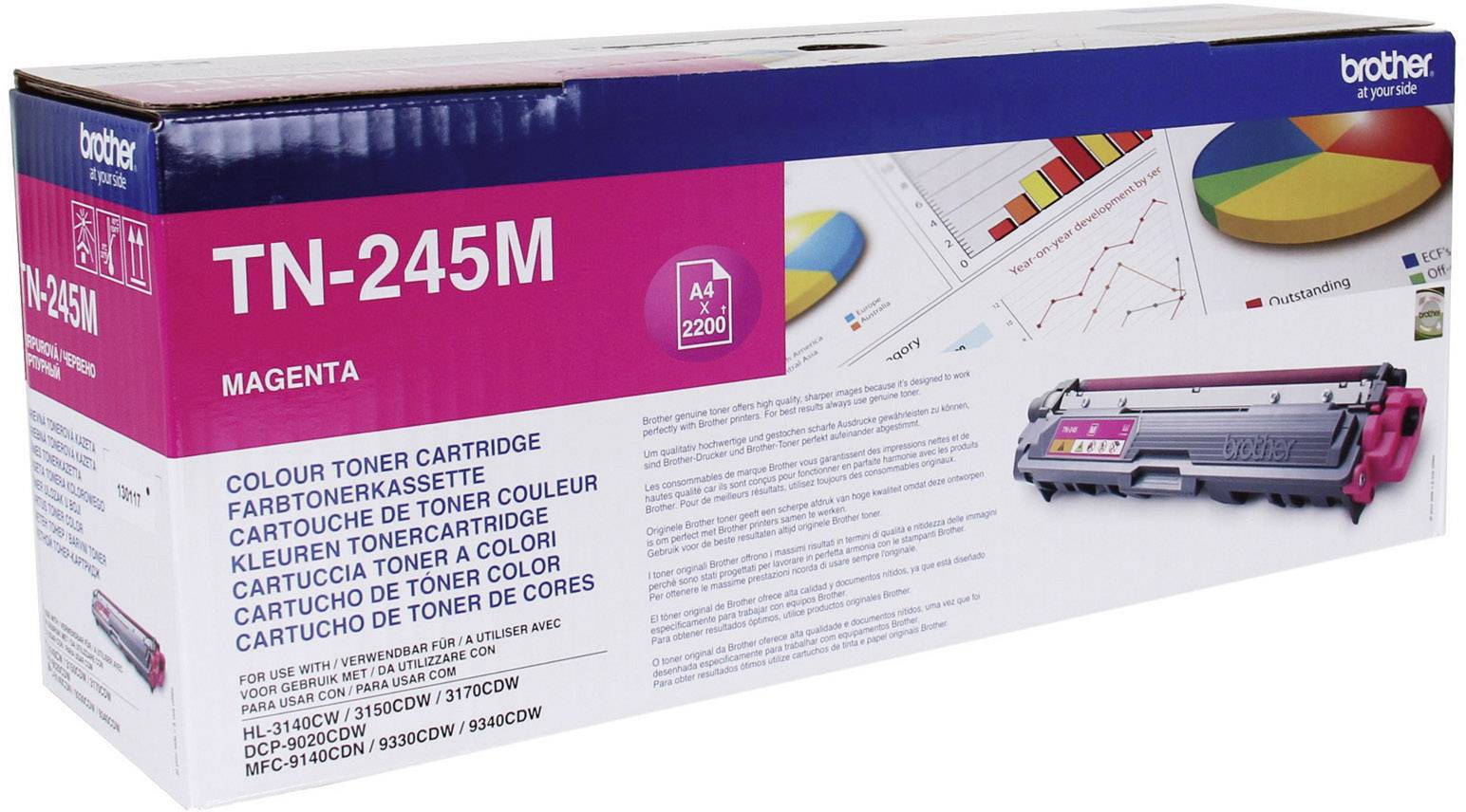 Verpackung einer TN-245M Magenta Tonerkartusche von Brother, passend für bestimmte Druckermodelle. Grafiken zeigen Farbdruckbeispiele.