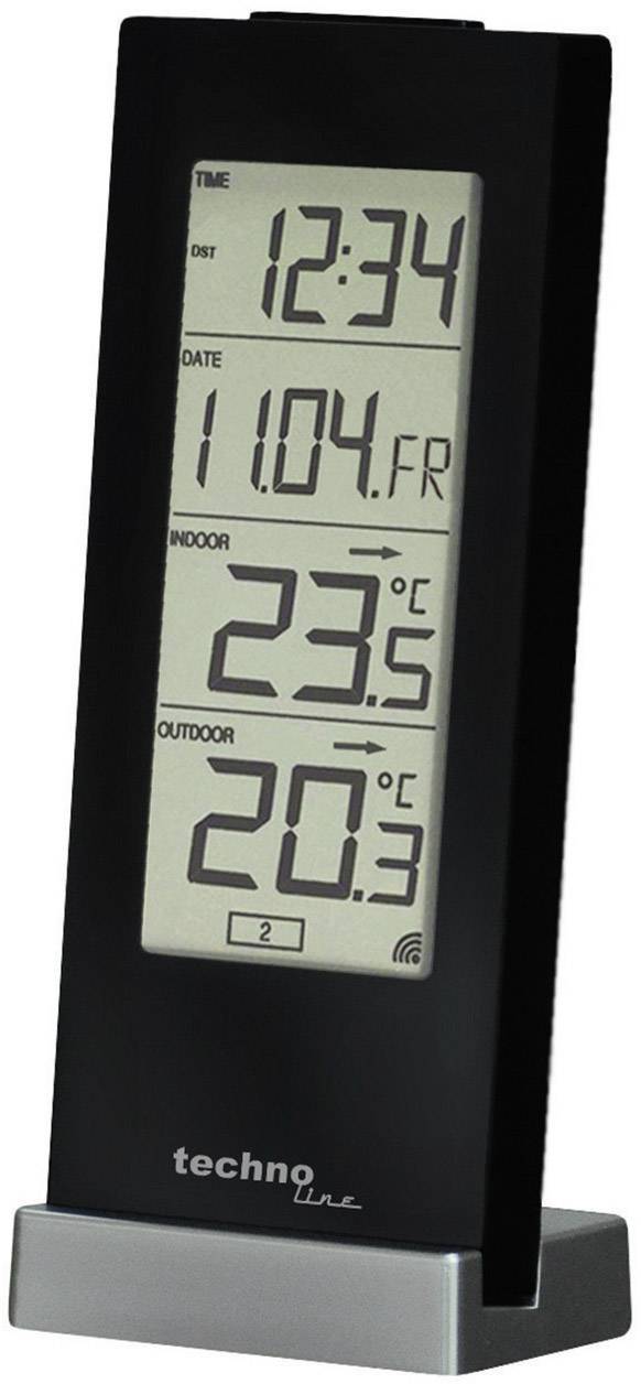 Digitale Wetterstation mit großer Anzeige. Zeigt die Uhrzeit 12:34, das Datum 11.04. Freitag, Innen- und Außentemperaturen von 23°C und 20°C.