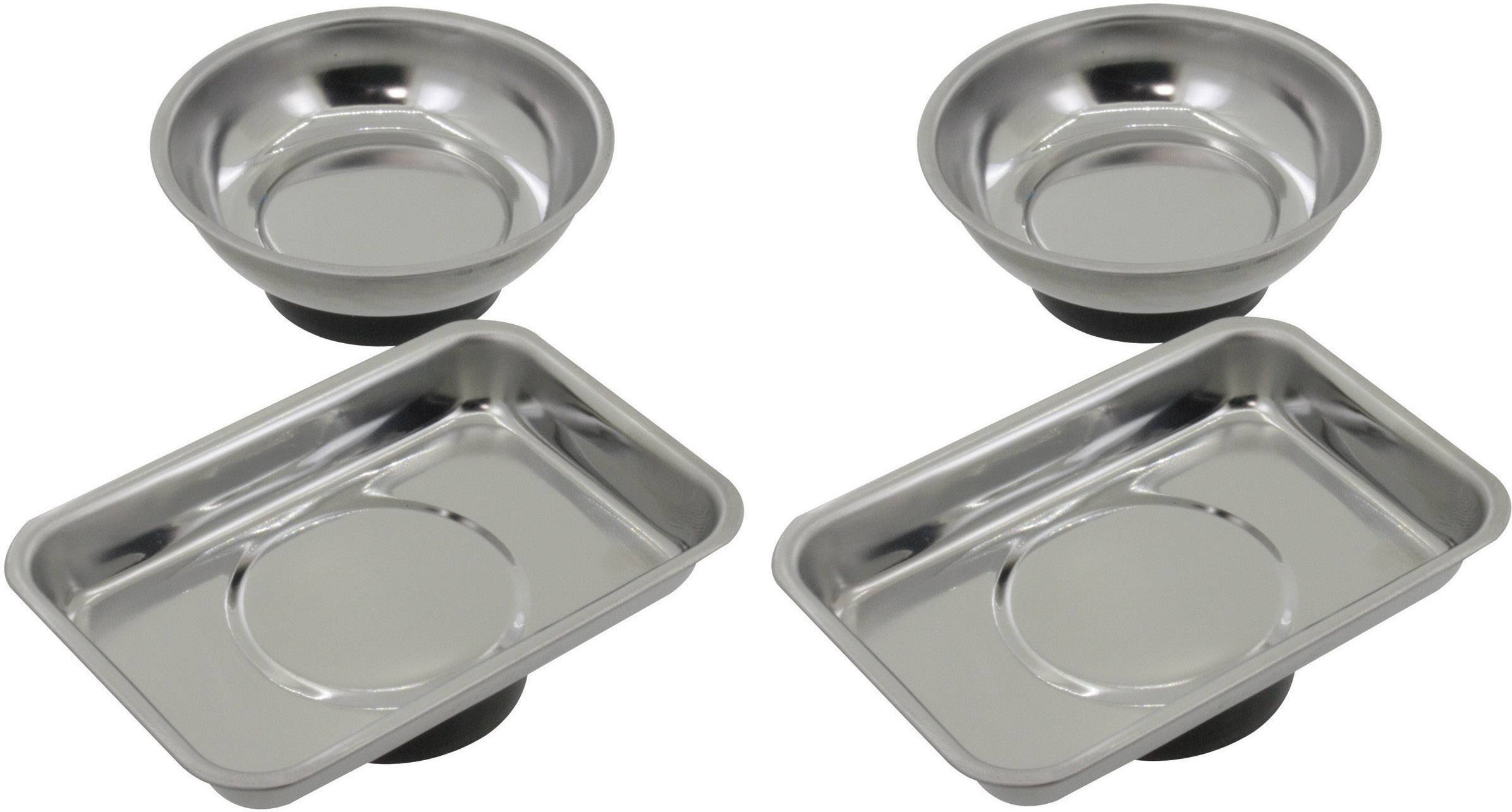 Vier magnetische Schalen aus Edelstahl, zwei rund und zwei rechteckig, verwendet zur Aufbewahrung von Kleinteilen oder Schrauben.