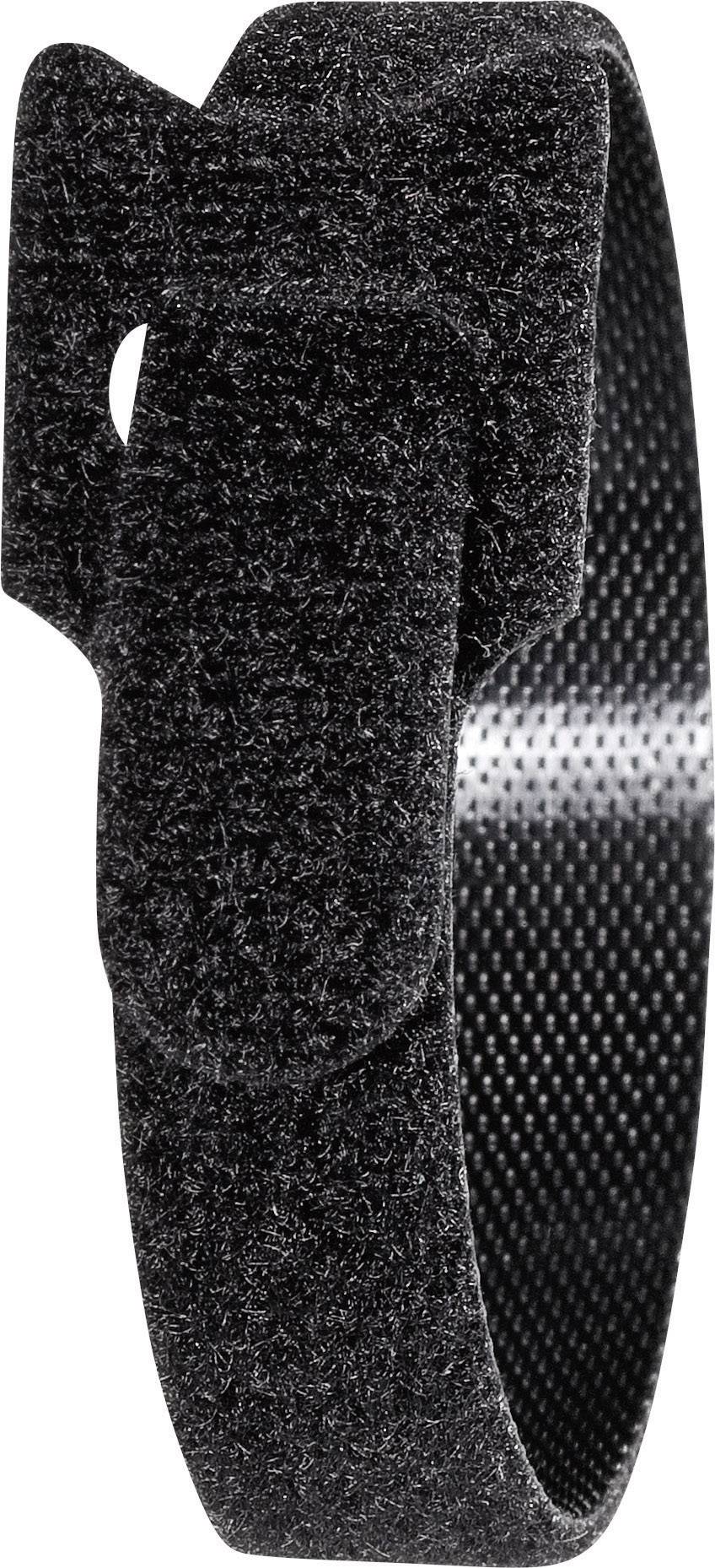 Ein schwarzes Klettband, das zur Befestigung oder Organisation von Kabeln verwendet wird. Es ist flexibel und wiederverschließbar.