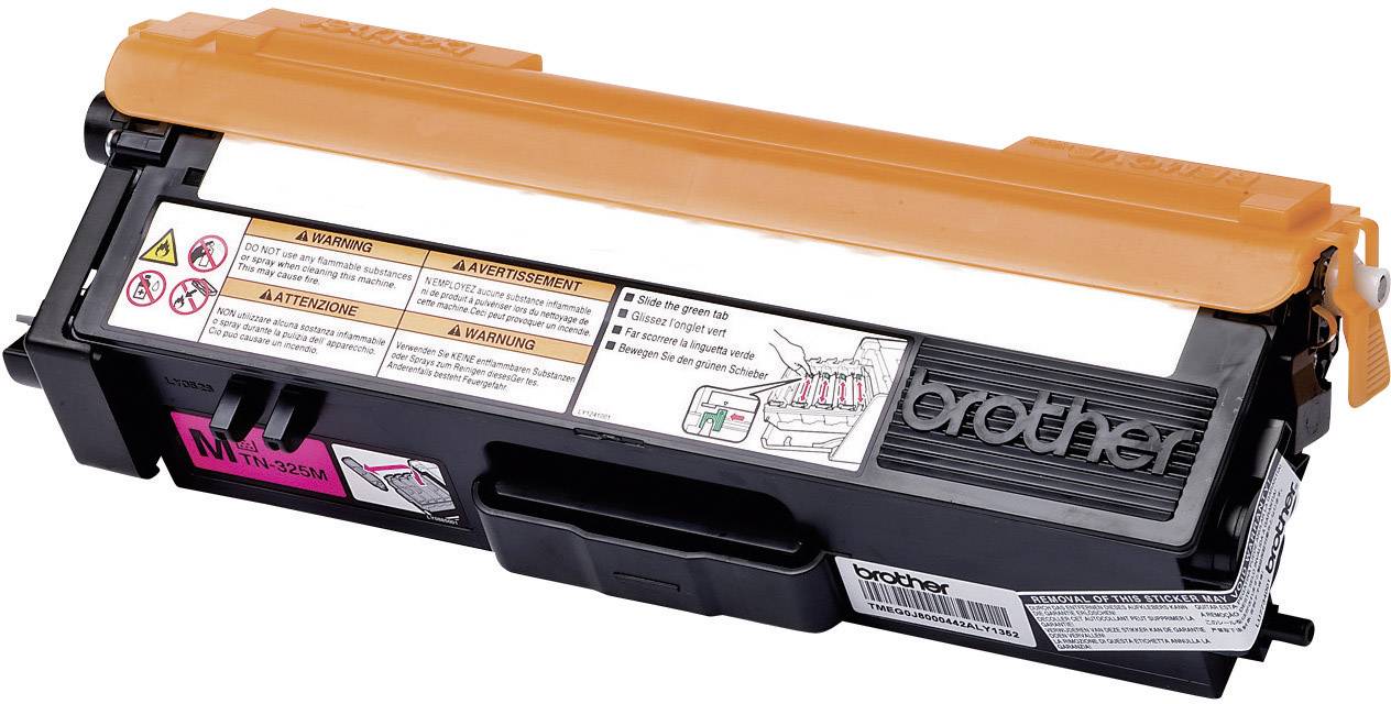 Schwarze Brother-Tonerkartusche, Modell TN-230M, mit orangefarbenem Schutz. Etiketten mit Warnhinweisen und Handhabungsanleitung.