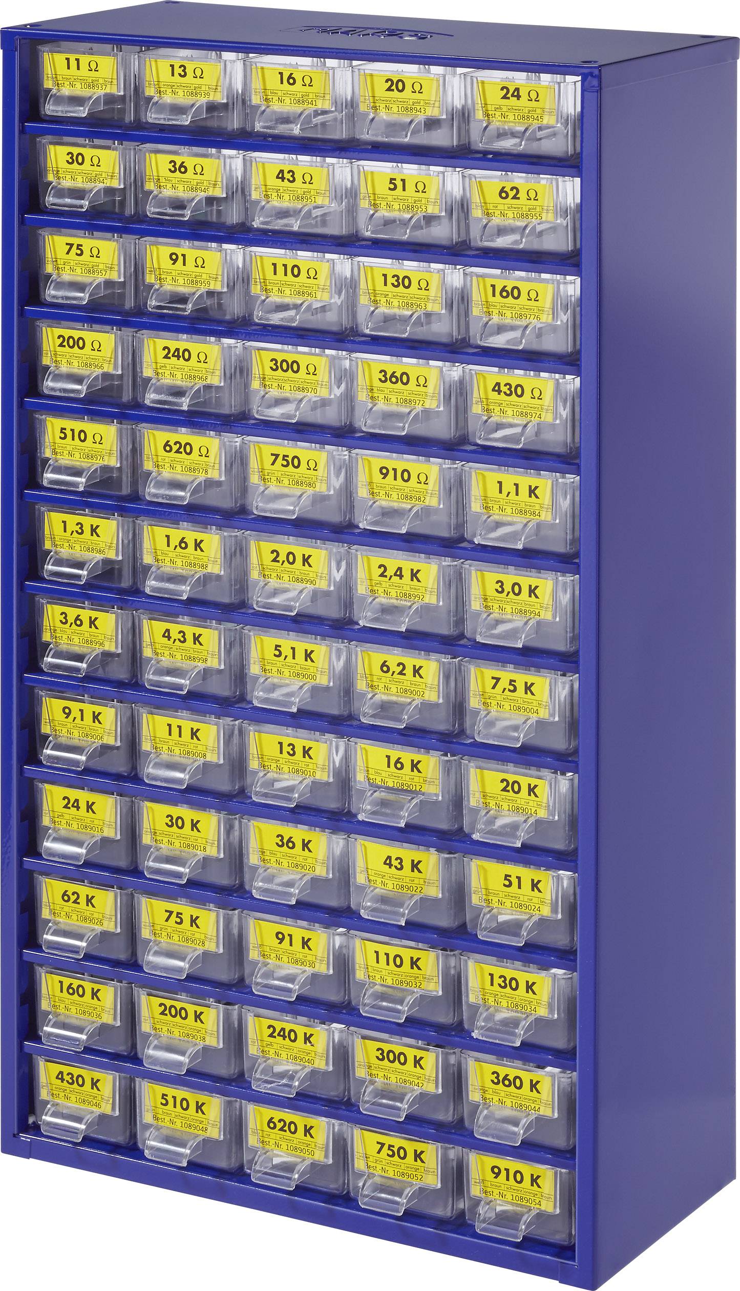 Mehrere kleine Schubladen mit gelben Etiketten, die unterschiedliche Widerstandswerte von 10 Ohm bis 6,2 kOhm anzeigen.