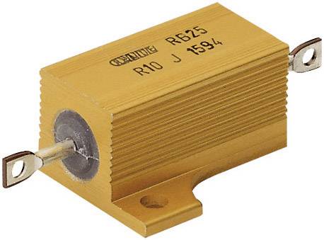 Ein goldfarbener, rechteckiger Hochleistungswiderstand mit Aufschrift 'R625 R10 J 1594', geeignet für elektrische Anwendungen.