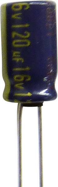 Blauer Elektrolytkondensator mit der Aufschrift '63V 220µF'. Zwei lange Anschlüsse unten. Geeignet für elektronische Schaltungen.